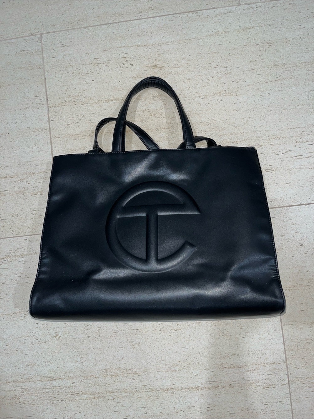 Telfar Black Leather Shopping Tote with Embossed Logo